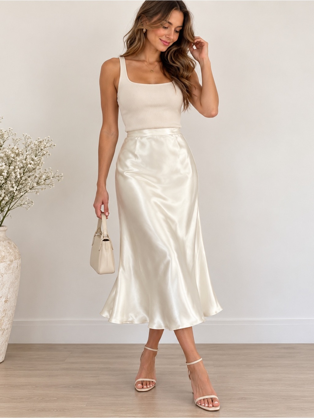 zeagoo Satin Ivory Midi Skirt